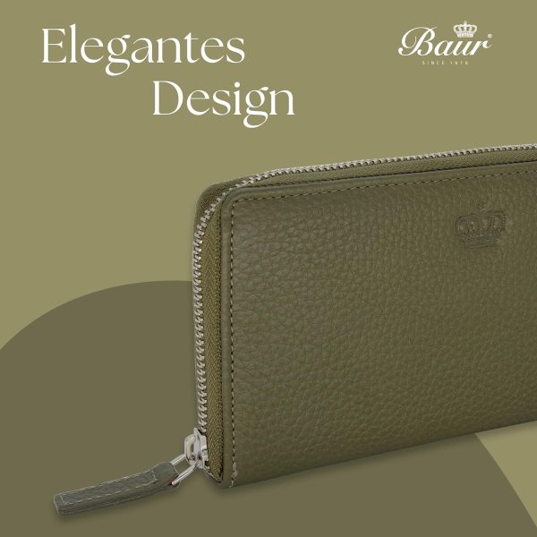 Baur Damen Geldbörse Echt Leder Geldtasche | Geldbeutel mit RFID Schutz | Großes Portemonnaie viele Kartenfächer | Wallet mit Rundum-Reißverschluss | Portmonee | Damen-Geldbörsen (Olive) 4