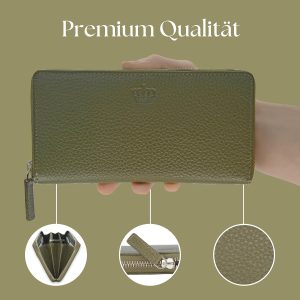 Baur Damen Geldbörse Echt Leder Geldtasche | Geldbeutel mit RFID Schutz | Großes Portemonnaie viele Kartenfächer | Wallet mit Rundum-Reißverschluss | Portmonee | Damen-Geldbörsen (Olive) 14