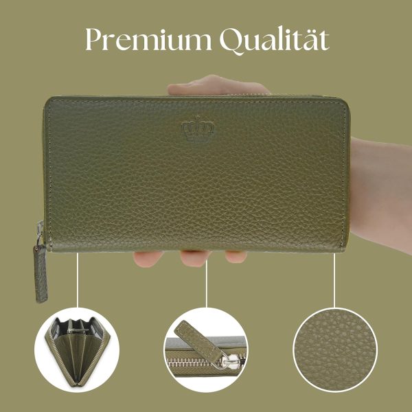 Baur Damen Geldbörse Echt Leder Geldtasche | Geldbeutel mit RFID Schutz | Großes Portemonnaie viele Kartenfächer | Wallet mit Rundum-Reißverschluss | Portmonee | Damen-Geldbörsen (Olive) 5