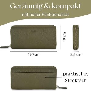 Baur Damen Geldbörse Echt Leder Geldtasche | Geldbeutel mit RFID Schutz | Großes Portemonnaie viele Kartenfächer | Wallet mit Rundum-Reißverschluss | Portmonee | Damen-Geldbörsen (Olive) 16