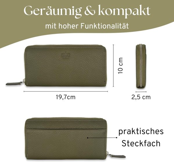Baur Damen Geldbörse Echt Leder Geldtasche | Geldbeutel mit RFID Schutz | Großes Portemonnaie viele Kartenfächer | Wallet mit Rundum-Reißverschluss | Portmonee | Damen-Geldbörsen (Olive) 6