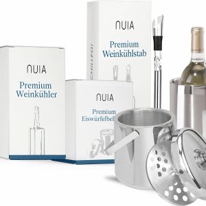 NUIA® Premium Weinkühlstab Geschenkset - Elegantes Geschenk für Weinliebhaber - Passend für jede Flaschengröße - 2x Weinkühlstäbe mit Ausgießer und Verschluss - Weinkühler Stab mit effektiver Kühlung 18
