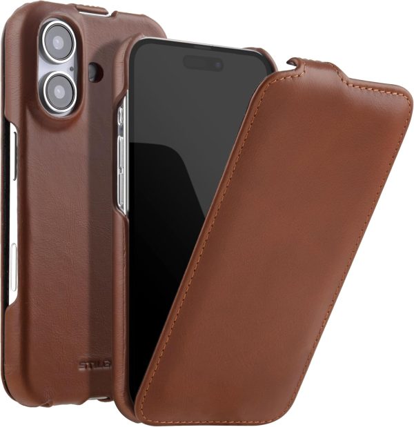 STILGUT UltraSlim passend für iPhone 16 Hülle - iPhone 16 Flip Case kompatibel mit MagSafe aus Leder, Klapphülle, Handyhülle, Lederhülle - Cognac 1