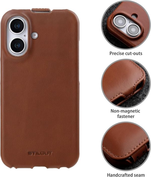 STILGUT UltraSlim passend für iPhone 16 Hülle - iPhone 16 Flip Case kompatibel mit MagSafe aus Leder, Klapphülle, Handyhülle, Lederhülle - Cognac 2